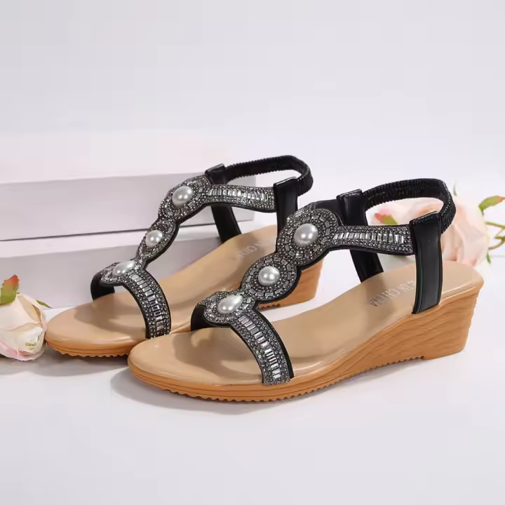 Sandalias de tacón inclinado con diamantes de imitación para mujer, sandalias de playa informales con banda elástica y Punta abierta, Boca de pescado europea y americana - 1