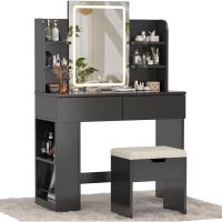 Tocador de Maquillaje con Luces LED, Brillo Ajustable, Mesa de Maquillaje con Espejo, con 2 Cajones Grandes y 4 Estantes Abiertos y Taquilla Lateral, Moderno, 90x40x135cm, Blanco - details 24