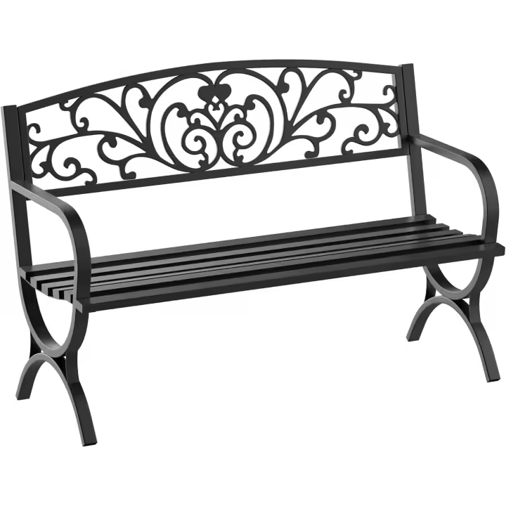 Banco de Jardín de 2 Plazas Banco de Terraza de Hierro con Diseño Clásico Patrón Floral 127x60x85cm Negro - 1