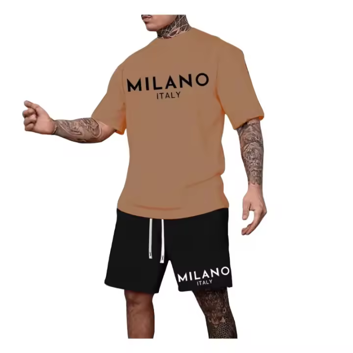 Conjunto casual de dos piezas para hombre, selección de camiseta de manga corta con cuello redondo y pantalones cortos con cordón para primavera y verano. - 1