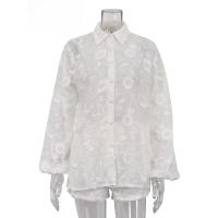 Conjunto de Algodón Blanco para Mujer de 2 Piezas Conjunto Informal de Jacquard con Botones y Manga en la Muñeca Camisas y Pantalones Cortos de Cintura Alta para el Verano - details 3