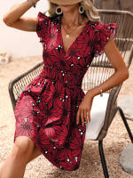 Vestido corto informal con estampado Floral para mujer, minivestido de calle con manga con volantes, rojo S - details 6