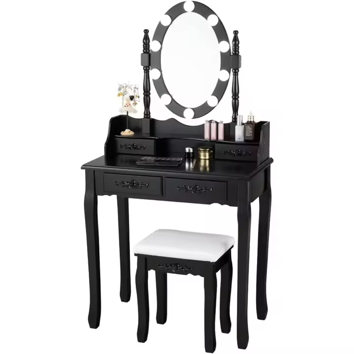 Set Mesa Tocador con 10 Luces LED, Mesa de Maquillaje con Espejo Ovalado Iluminado e Interruptor Táctil, Iluminosidad Regulable, Tocador con 4 Cajones y Taburete Acolchado - 1