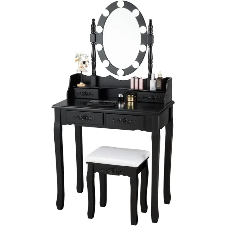 Set Mesa Tocador con 10 Luces LED, Mesa de Maquillaje con Espejo Ovalado Iluminado e Interruptor Táctil, Iluminosidad Regulable, Tocador con 4 Cajones y Taburete Acolchado - 1