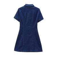Mini Vestido Vaquero Plegado Ancho Ajuste Delgado Versátil para Mujer Color Sólido - details 2