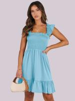 Vestido Mini de Verano Casual Boho para Mujer 2025 Cuello Cuadrado sin Mangas con Volantes de Cintura Swing A-e - details 6