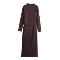 Vestido de cuello redondo para mujer, minivestido plisado de manga larga con espalda, color sólido, nable, para otoño - details 8