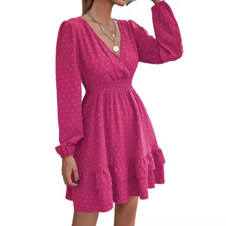 Vestido de manga larga de moda con cuello en V para mujer, bordes con volantes, falda ajustada de corte A, cerrado - 1