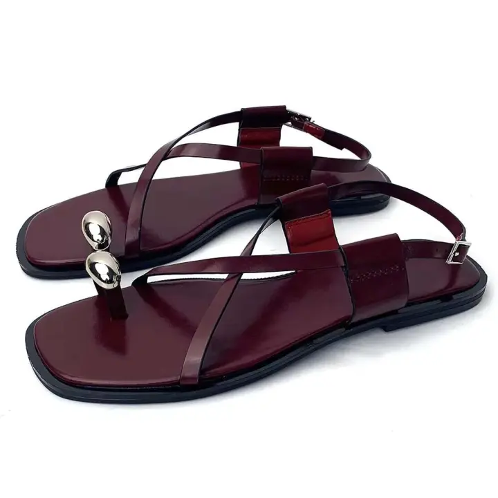 Sandalias de playa de moda para mujer, informales, cómodas, con parte inferior plana y cadena de metal cuadrada - 1