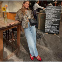 Elegante camisa delgada con tirantes huecas de leopardo para mujeres, blusa de manga corta o blusa de cuello - details 12
