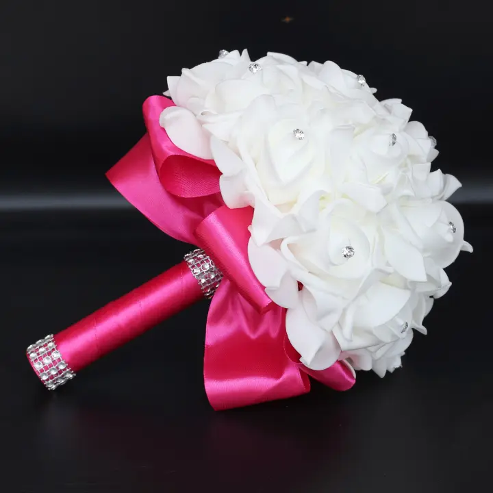 Ramo de flores de rayón para dama de honor, decoración de boda de perlas rosas de cristal - 1