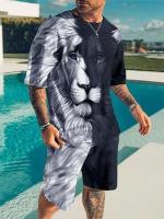 Pantalones cortos deportivos informales para hombre, camisetas de manga corta con estampado de León, moda urbana, Verano - details 0