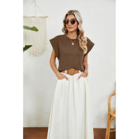BUNO-2025 Tops para mujer, pantalón corto informal de moda de verano, camisetas básicas con textura a rayas de Color sólido y cuello redondo - details 20