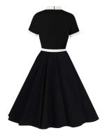 Vestido de Parche de Dos Tonos Vintage con Cuello de Lazo Manga Corta de Verano - details 2