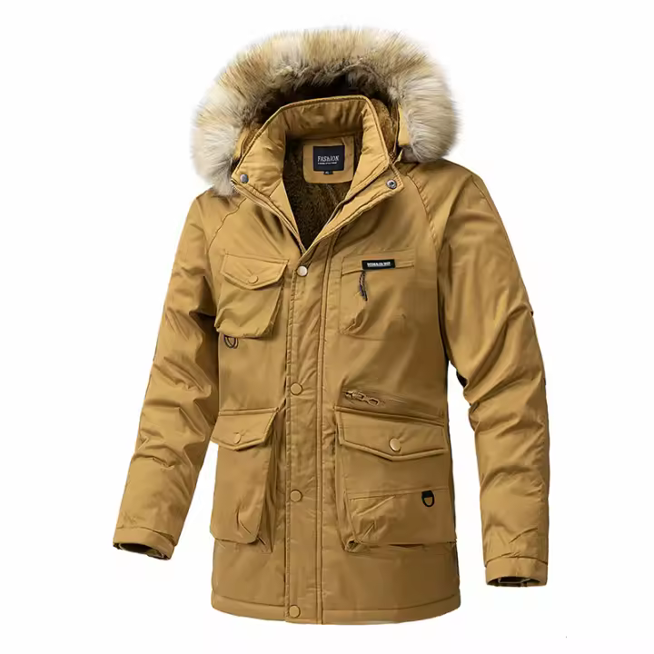 Chaqueta gruesa de lana para hombre, abrigo a prueba de viento con Cuello de piel y capucha, Parka informal de marca clásica, a la moda, novedad de invierno, 2024 - 1