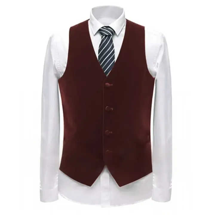 Chaleco de terciopelo para hombre con cuello en V, chalecos de traje formales, chalecos de traje de un solo pecho de moda para hombre, chaqueta sin mangas con bolsillos - 1