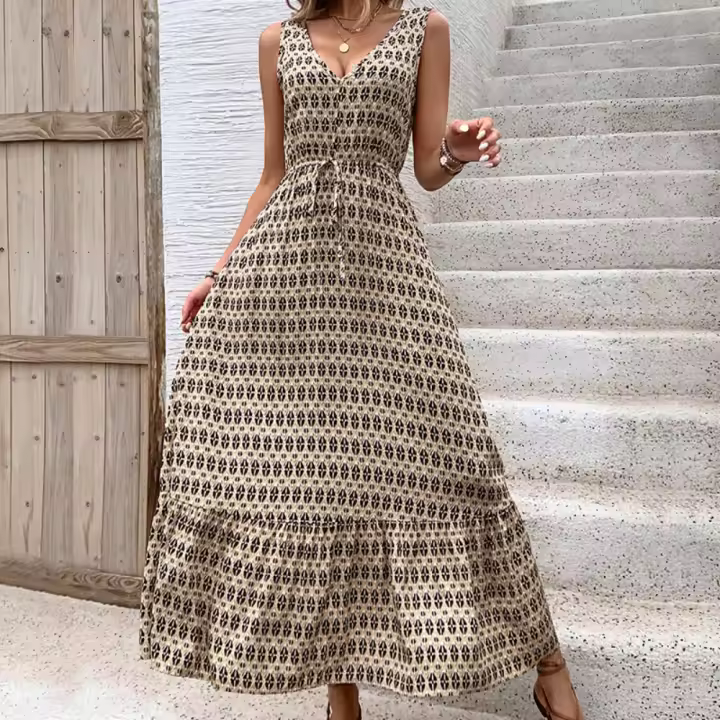 Vestido Largo de Verano 2025 Cuello en V Profundo, Mangas sin Agujar, Estampado Floral, Tejido Transpirable para Playa, Fiesta o Eventos Casuales Diseño Boho-Chic - 1