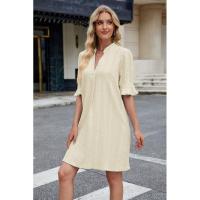 BUNO-2025 suelto con cuello en V y manga cinco cuartos jacquard de color liso para mujer - details 19