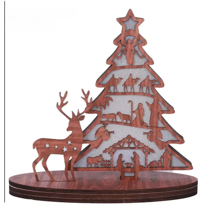 3pcs Adornos Navideños En Forma De Árbol De Navidad Luminoso Escena De La Natividad De Madera Con Ovejas Y Corderos Decoración De Fiesta - 1