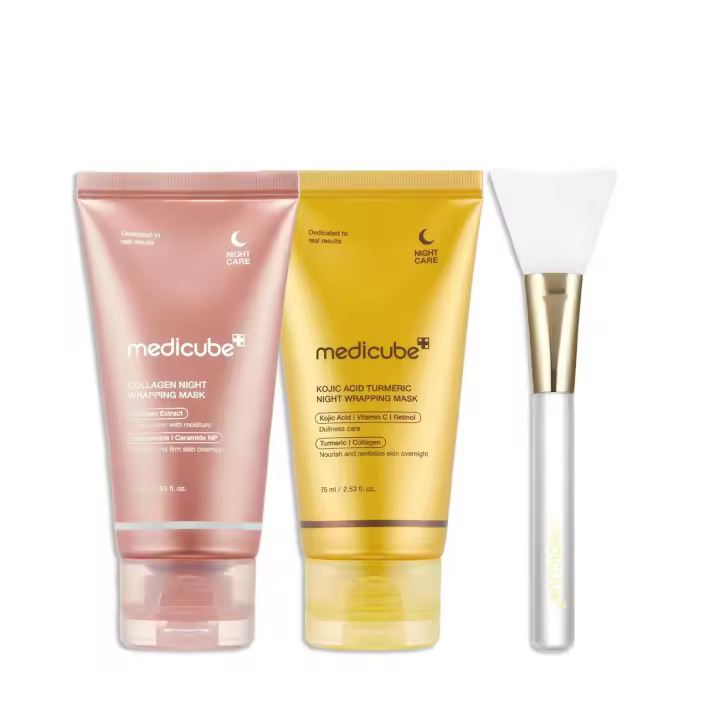 medicube Viral Glass Glow Duo: Paquete facial de colágeno, mascarilla exfoliante de cúrcuma para envolver durante la noche y cepillo de gelatina - 1