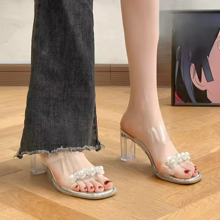 Sandalias de Moda Versátiles Tacón Medio Transparente Diamondes de Imitación Zapatillas Geniales - 1