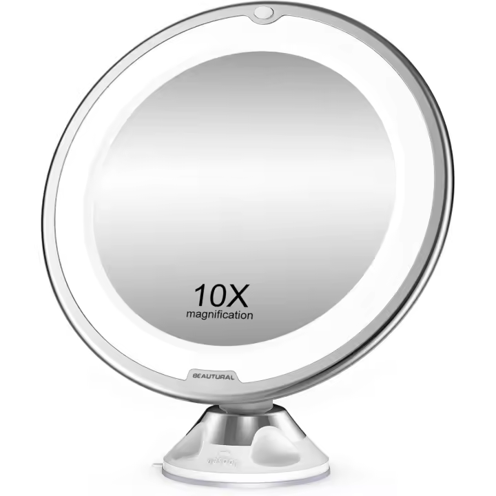 Beautural Espejo de baño con aumento de 10 x, espejo de maquillaje con luz LED, giratorio y ventosa de pared, pilas (no - 1