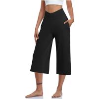 2024 primavera y verano mujeres elástico cintura alta 3/4 pantalón sólido Casual ajuste activo pantalones de pierna Capris anchos pantalones con bolsillos - details 57