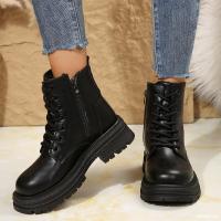 Botas de moto de cuero Pu para mujer, botas de tobillo cálidas con cordones de felpa, tacón plano beige negro, botas de algodón antideslizantes, invierno - details 16