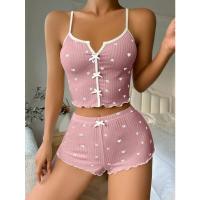 Conjunto de Pijama de Mujer Suave con Estampado de Corazón Camiseta Casual con Borlas y Shorts - details 2