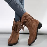 Nuevo Botas Retro de gamuza con borlas para mujer, botas a la moda con punta redonda y tacón grueso, botas cortas ajustadas de vaquero occidental - details 1