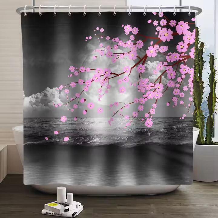 Cortina de ducha de flores de cerezo rosa, fondo blanco, pantalla de tela de poliéster impermeable para baño de niña con ganchos - 1