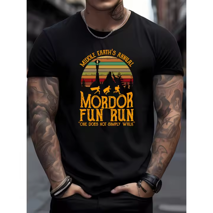 Camiseta Casual de Verano para Hombres Cuello Redondo, Tejido de Punto, Ajuste Regular, Impresión Gráfica Diversión Mordor Fun Run - 1