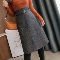 Falda Agujera de Cintura Alta y Adelgazante MOUKYUN Estilo a Cuadros de Lana-Cuerno Midi con Cinturón Moda de Mujer - details 2