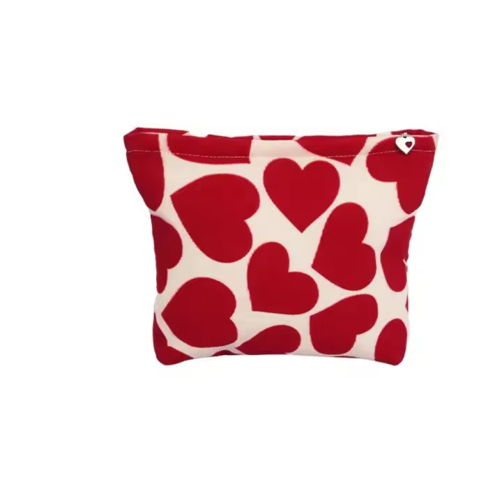 Bolsa de maquillaje con diseño de amor de gran capacidad, bolsa de cosméticos con forma de corazón de pana con cremallera, bolsa de almacenamiento de artículos de tocador de regalo encantador para mujer - 1
