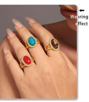 Anillo ovalado de Maple inoxidable with Piedra Roja Azul, Anillo impermeable Chapado en oro para Mujer decorado with Joyas de lujo - details 4