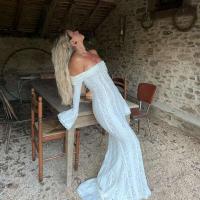 Vestido largo elegante con volantes y borde de encaje para mujer, vestido largo a la moda con cuello redondo y manga acampanada, vestidos largos ajustados para fiesta de verano 2025 - details 33