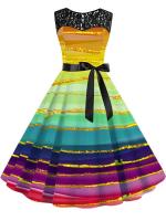 Vestido midi de fiesta elegante de verano con estampado floral, encaje, sin mangas, línea A y cinturón para mujer - details 15