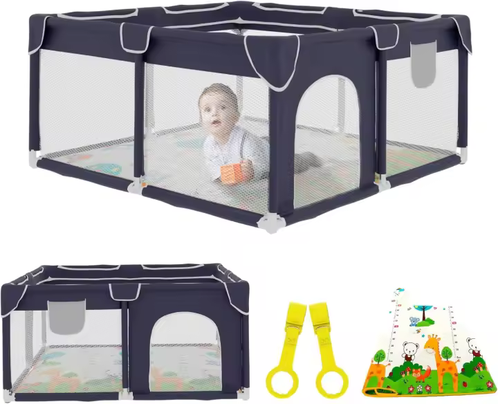 Bebe 120x120cm + Alfombra Bebe – Corralito Bebe con Malla Transpirable – Parque de Juegos Bebe Plegable con Puerta Lateral – Parque Infantil Bebe - Gris - 1