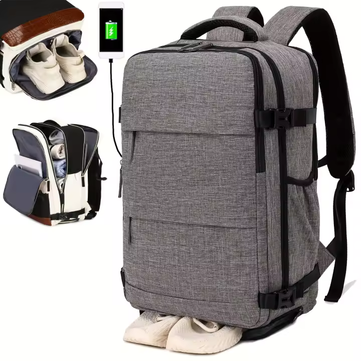 Mochila con compartimento para zapatos, bolsa para computadora portátil de 15,6 pulgadas, puerto de carga USB, múltiples compartimentos y correas ajustables, mochila informal y de negocios aprobada por la aerolínea para el trabajo o viajes, mochila para v - 1