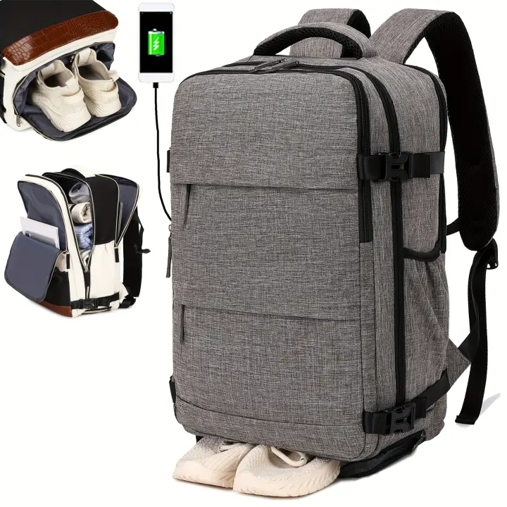 Mochila con compartimento para zapatos, bolsa para computadora portátil de 15,6 pulgadas, puerto de carga USB, múltiples compartimentos y correas ajustables, mochila informal y de negocios aprobada por la aerolínea para el trabajo o viajes, mochila para v - 1
