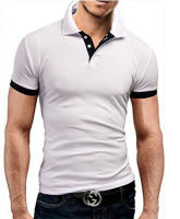 Polo de manga corta ajustado para hombre, camisa de cuello suave y sólido, trabajo, Golf, senderismo, informal, azul marino/blanco - details 3