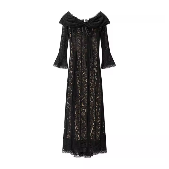 OUWU- Vestido De Manga Larga De Trompeta Con Cuello De Una Línea, Corte Ajustado, Sexy, Nuevo Estilo Europeo Y Americano - 1