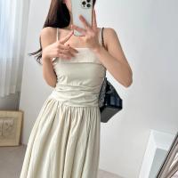 Vestido de tirantes de verano para mujer, falda acampanada plisada de cintura alta, vestido largo coreano Sle Pure Desire, cuello cuadrado, viaje dividido - details 2