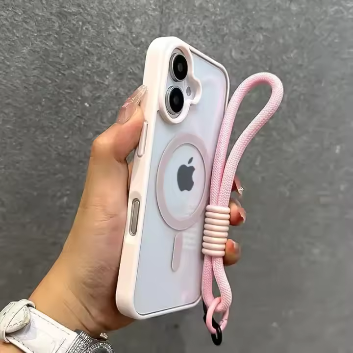 Funda de lujo con cordón transparente para teléfono Magsafe para iPhone 16 15 14 13 12 11 Pro Max, funda trasera con correa para muñeca y armadura a prueba de golpes - 1