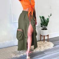 BUNO-Falda larga de cintura alta con cremallera para mujer, faldas Cargo informales con bolsillos grandes, abertura frontal, holgada, recta, Midi, ropa de calle, estilo Safari, 2025 - details 4