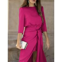 BUNO-Vestido Irregular elegante con cordones para mujer, vestido sencillo de cintura alta con temperamento liso, vestido plisado de media manga con cuello redondo OL，Vestido de noche para mujer, rojo, con mangas tres cuartos, elegante. - details 2