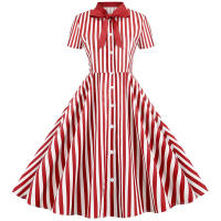 Polka dot print women summer short sleeve striped bow elegant vintage 50s party dress - details 11