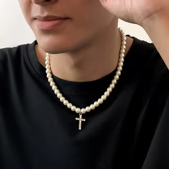 Collar con colgante de cruz de Jesús para hombres Gargantilla Punk Vintage de perlas falsas - 1