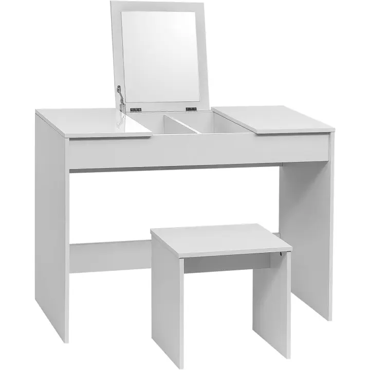 Juego Tocador de Maquillaje con Taburete y Espejo Plegable, Mesa de Maquillaje de Madera de Alto Brillo, 100x45x76cm, Escritorio Tocador Moderno para Dormitorio, Blanco MB6047ws - 1