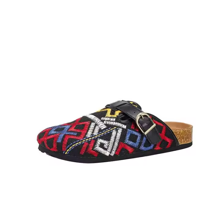 Xinziyu zapatillas tipo zuecos de cabeza redonda de ante negro antideslizantes de 3 cm de alto con bordado de corcho de madera para mujer - 1
